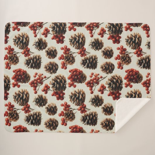 Pine Cones and Red Berries Winter Pattern Sherpa Deken (Voorkant (horizontaal))
