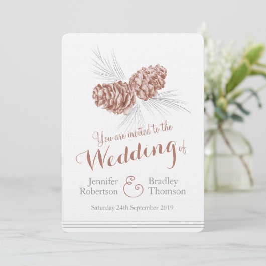 Pine cônes art brun hiver mariage invitations (Debout devant)