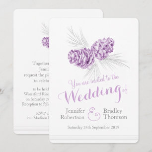 Pine cones art paarse grijze bruiloft uitnodiginge kaart