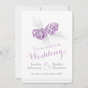 Pine cônes art violet gris invitation de mariage
