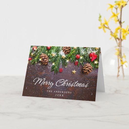 Pine Cones Branch Rustic Kerstfeestdag Kaart (Gele Bloem)