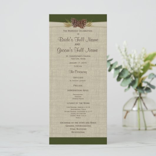 Pine Cones en Burlap Green Wedding Program Programma (Staand voorkant)