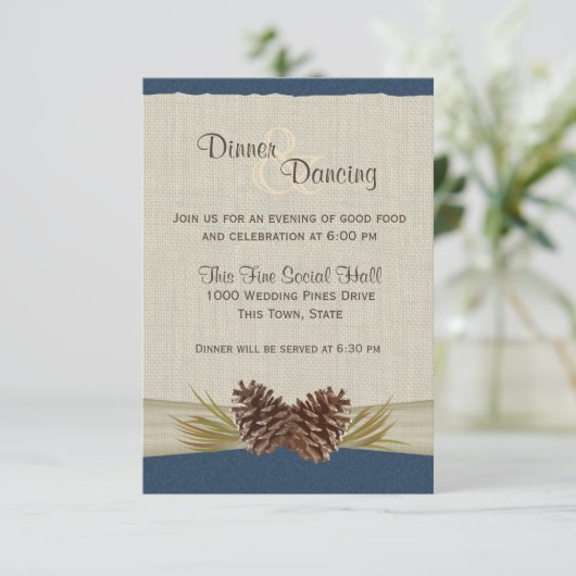 Pine Cones en Burlap Navy Blue Reception Kaart (Staand voorkant)