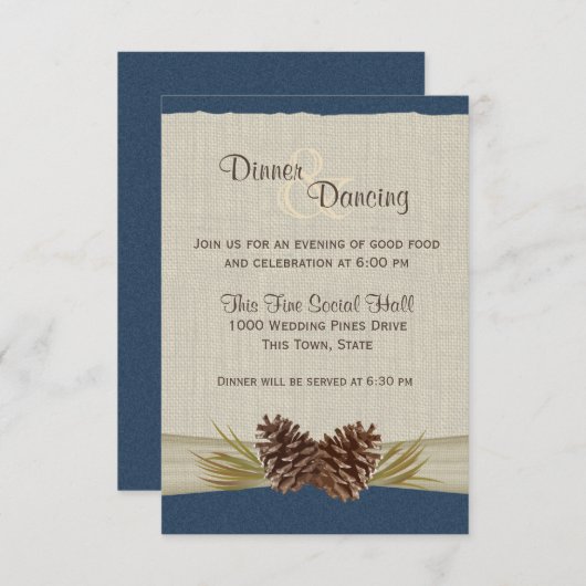 Pine Cones en Burlap Navy Blue Reception Kaart (Voorkant / Achterkant)