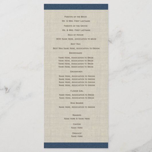 Pine Cones en Burlap Navy Blue Wedding Program Programma (Achterkant)