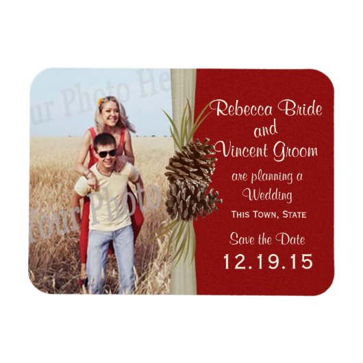 Pine Cones en Burlap Red opslaan Datum foto Magneet (Horizontaal)