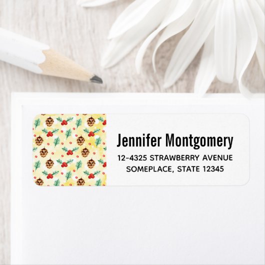 Pine Cones en Holly Kerstpattern Etiket (Insitu)