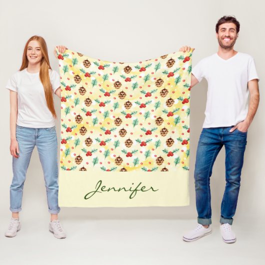 Pine Cones en Holly Kerstpattern Fleece Deken (In situ)