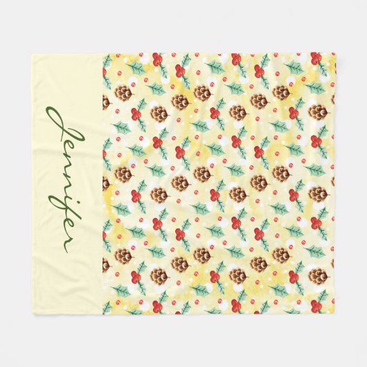 Pine Cones en Holly Kerstpattern Fleece Deken (Voorkant (Horizontaal))
