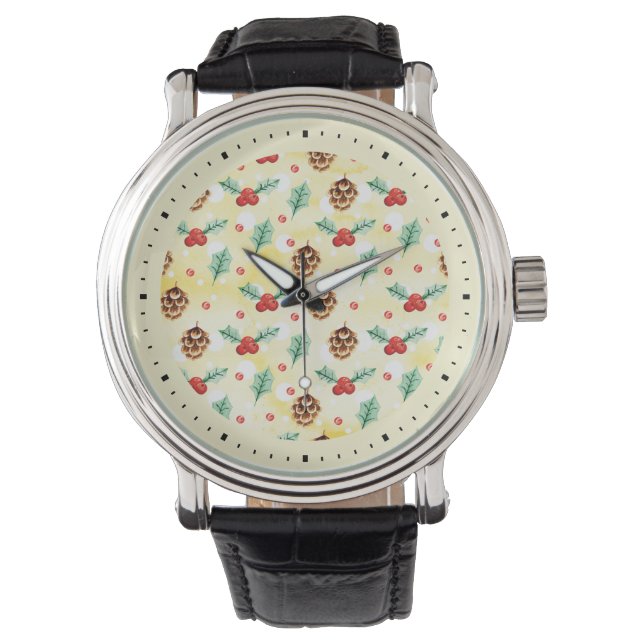 Pine Cones en Holly Kerstpattern Horloge (Voorkant)