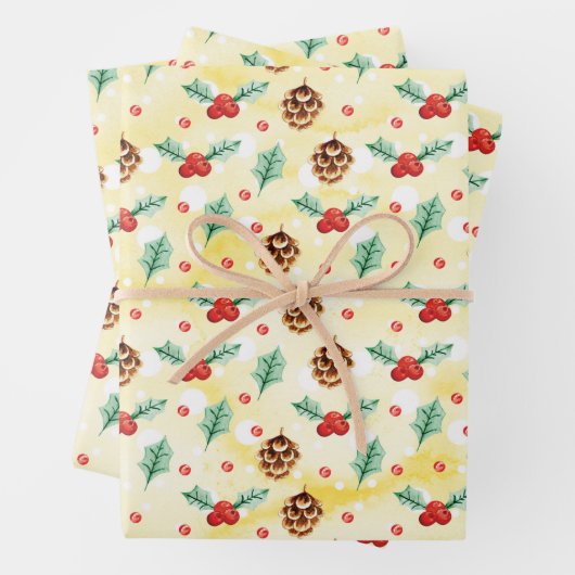 Pine Cones en Holly Kerstpattern Inpakpapier Vel (In situ)