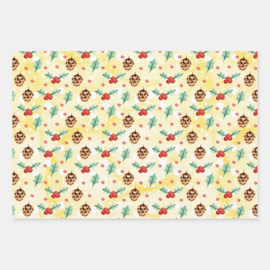 Pine Cones en Holly Kerstpattern Inpakpapier Vel (Voorkant)