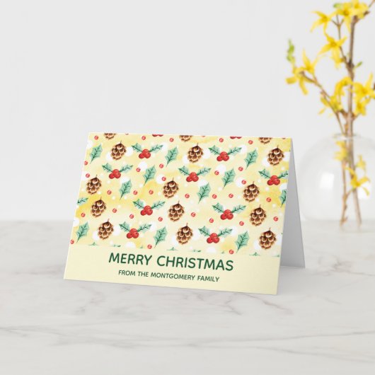 Pine Cones en Holly Kerstpattern Kaart (Gele Bloem)