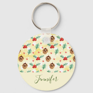 Pine Cones en Holly Kerstpattern Sleutelhanger