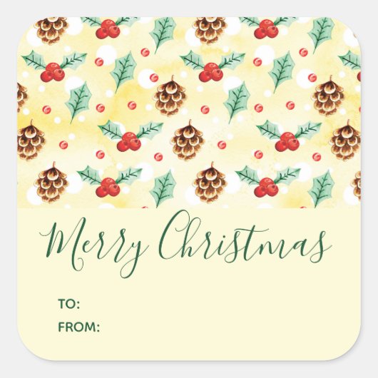 Pine Cones en Holly Kerstpattern Vierkante Sticker (Voorkant)