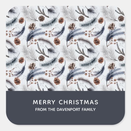 Pine Cones en Pine Needles Kerstpatroon Vierkante Sticker (Voorkant)