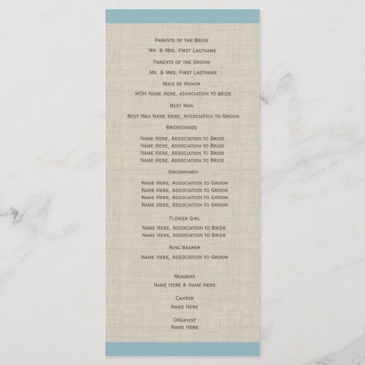 Pine Cones et Burlap Programme de mariage bleu (Dos)