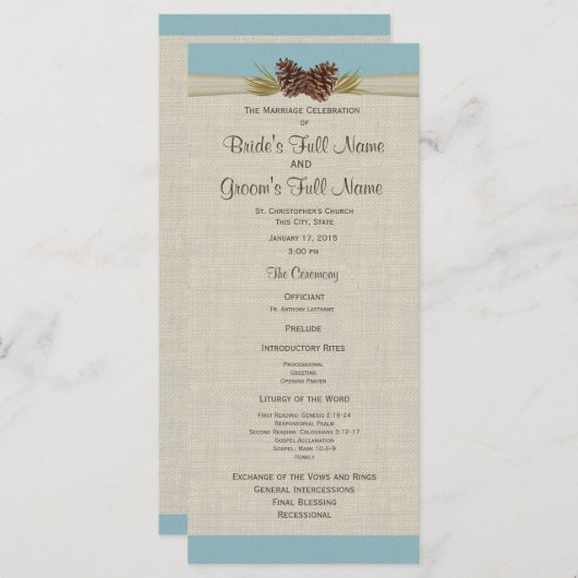 Pine Cones et Burlap Programme de mariage bleu (Devant / Derrière)