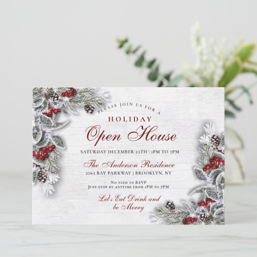 Pine Cones Holly Branch Rustic Holiday Open House Kaart (Staand voorkant)