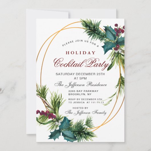 Pine Cones Holly Kerstfeestdag Cocktail Kaart (Voorkant)