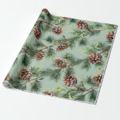 Pine Cones Laden White Pine Garlands Sage Green Cadeaupapier (Uitgerold)