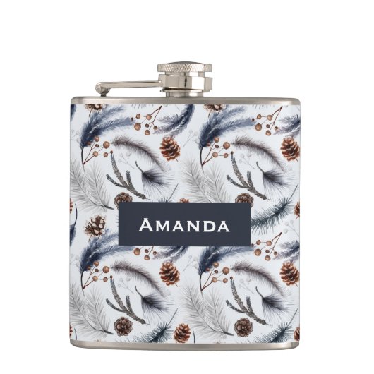 Pine Cones & Pine Needles Waterverf Patroon Heupfles (Voorkant)