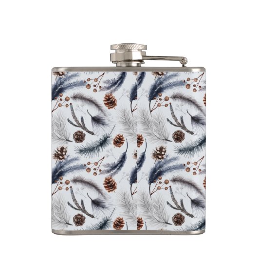 Pine Cones & Pine Needles Waterverf Patroon Heupfles (Achterkant)