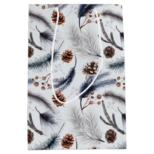 Pine Cones & Pine Needles Waterverf Patroon Medium Cadeauzakje (Voorkant)