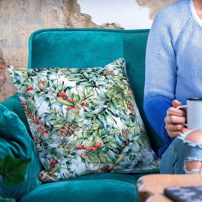 Pine Cones Winter Berries Feestelijke Vakantie Blo Kussen (Creator heeft geüpload)