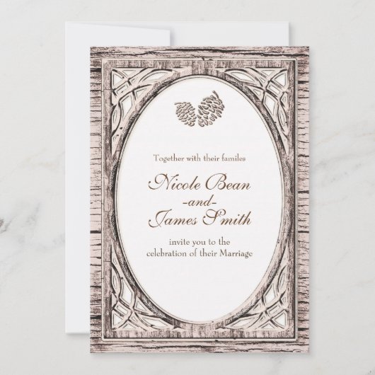 Pine de pin rustique Conne blanc Bois Invitations (Devant)