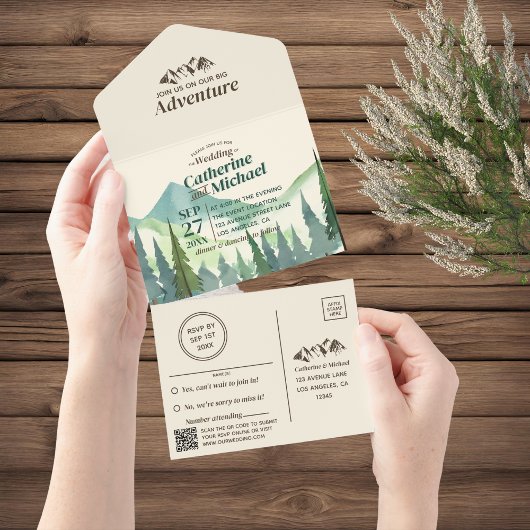 Pine Forest Mountain Adventure QR-code bruiloft All In One Uitnodiging