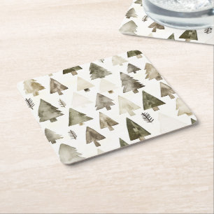 Pine Green Cream Kerstbomen Vierkante Kartonnen Onderzetter