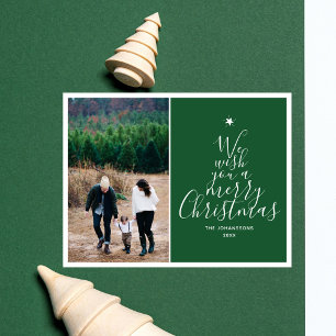 Pine Green Elegant Script Kerstboom Foto Feestdagenkaart