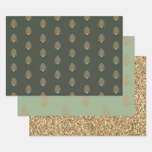 Pine Green Gold Glitzy Glitter-kerstbomen  Inpakpapier Vel (Set)