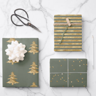 Pine Green Gold kerstboomstripes Sparkle Inpakpapier Vel