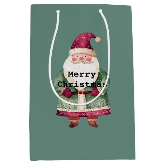 Pine Green Red Merry Christmas Santa Medium Cadeauzakje (Voorkant)