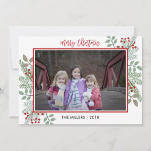 Pine & Holly Rustic Red Gingham met kerstfoto Feestdagenkaart