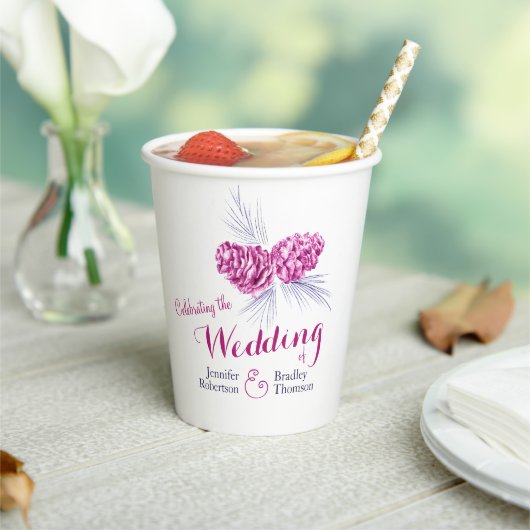 Pine kegel tekening blauwe pruim winter bruiloft papieren bekers (Insitu)