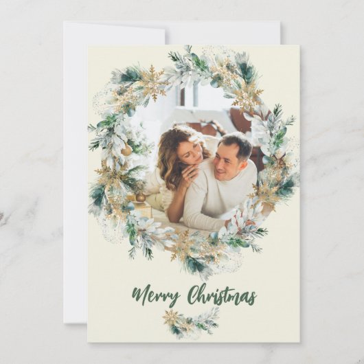 Pine Leaves Krans Waterverf Snowflake Christmas Feestdagenkaart (Voorkant)