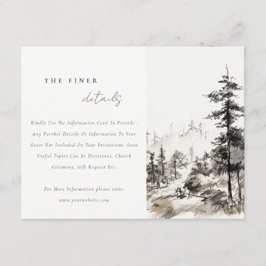 Pine Mountain Landscape Schets Bruiloft Details Informatiekaartje (Voorkant)
