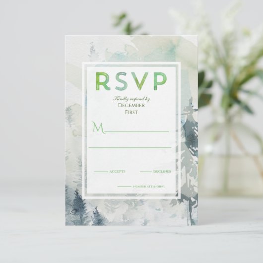 Pine Mountain Waterverf Rustic Forest Green RSVP Informatiekaartje (Staand voorkant)