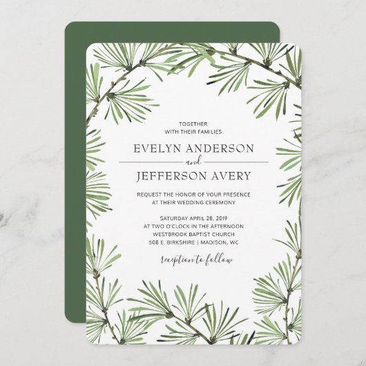 Pine Needles Moderne Mariage d'hiver Invitation (Devant / Derrière)