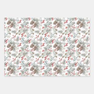 Pine Pine Cones Red Berries Kerstmis Inpakpapier Vel