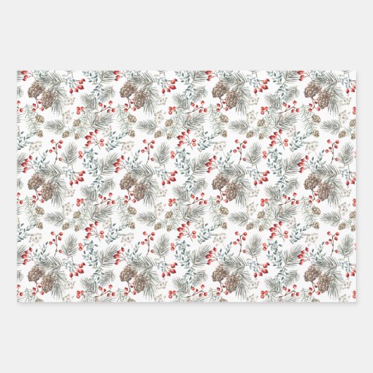 Pine Pine Cones Red Berries Kerstmis Inpakpapier Vel (Voorkant)