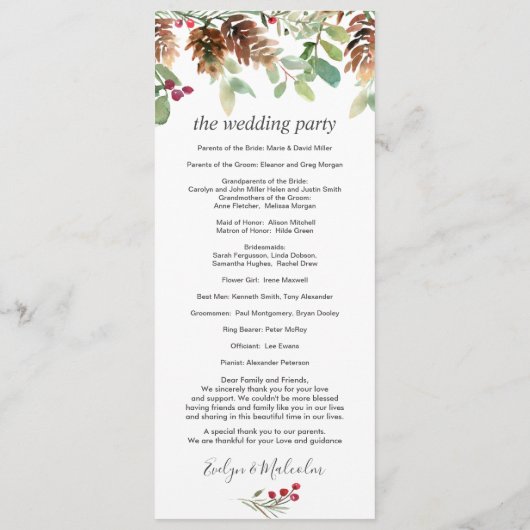 Pine Red Berry Winter Greenery Wedding Programme Programma (Achterkant)