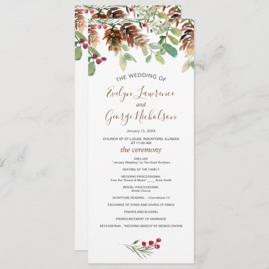 Pine Red Berry Winter Greenery Wedding Programme Programma (Voorkant / Achterkant)