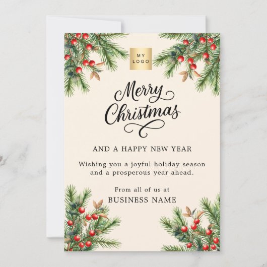 Pine rode bessen beige business logo kerst feestdagenkaart (Voorkant)