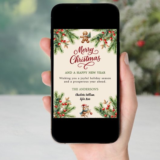 Pine rode bessen beige schattige uil script Kerstm Feestdagenkaart