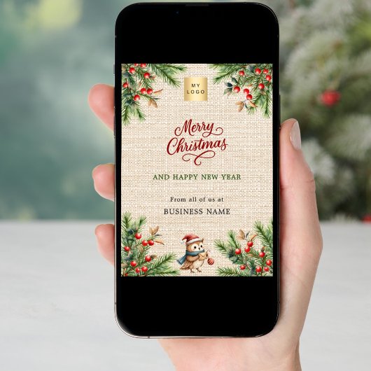 Pine rode bessen burlap uil bedrijf Kerstmis Feestdagenkaart