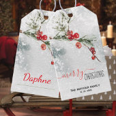 Pine Sprig Red Berries Snowstorm Merry Kerstry Cadeaulabel